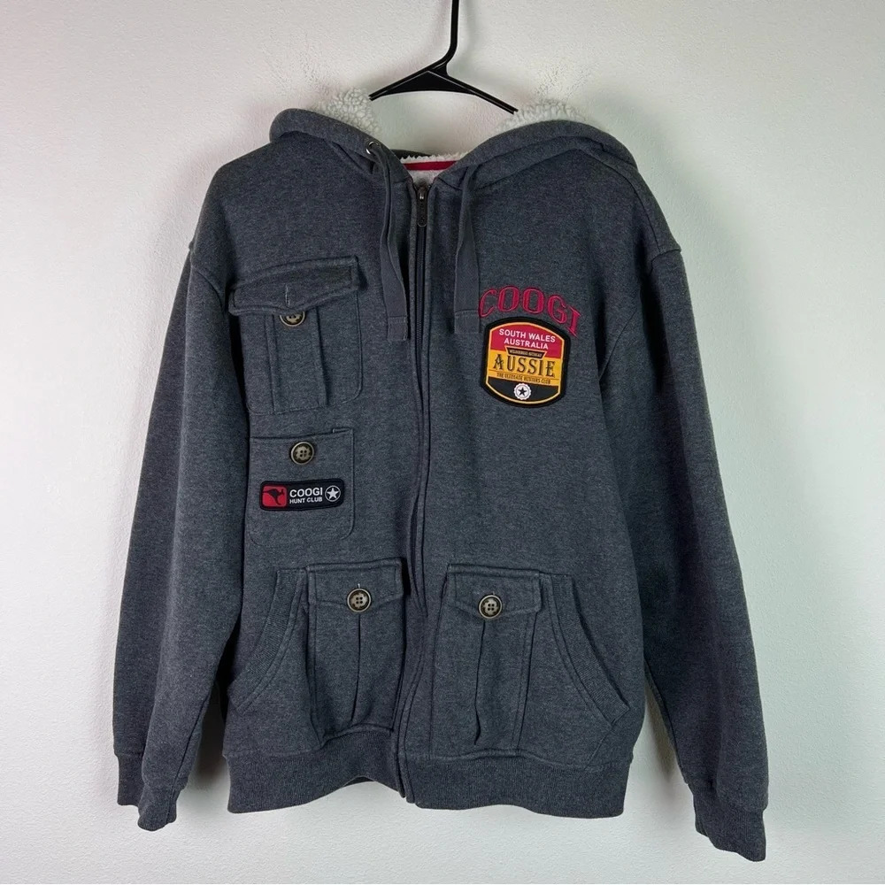 COOGI Australia Women’s Full Zip Up Hoodie‎ Sherpa Hood Grey Red Jacket Patches